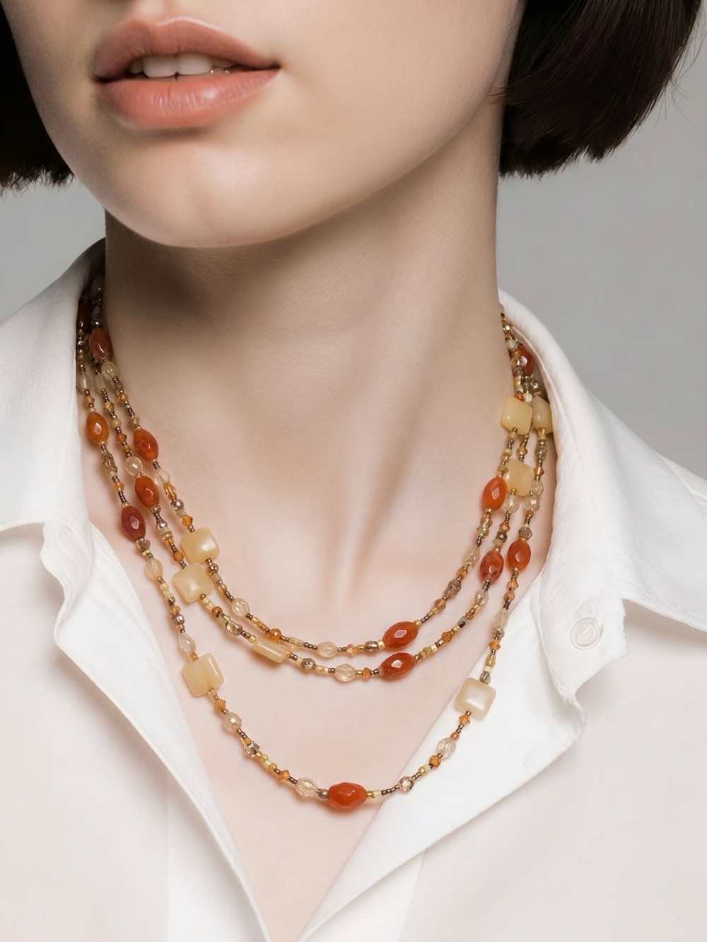 Layered Carnelian & Cream Bead Multi-Strand Necklace